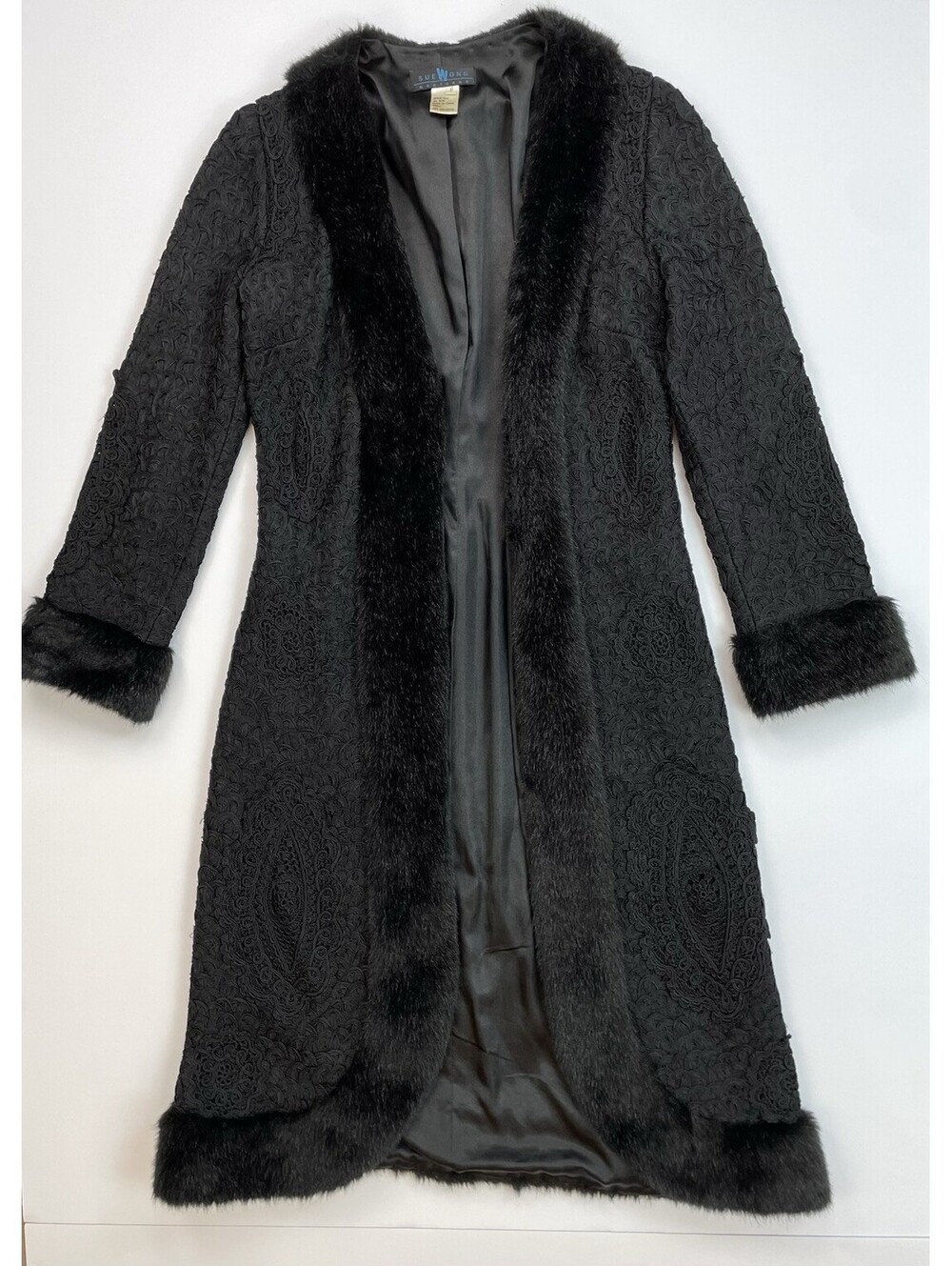 Sue Wong Nocturne Black Embroidered Ribbon Lace Coat Faux Mink Fur Trim 6 *read*